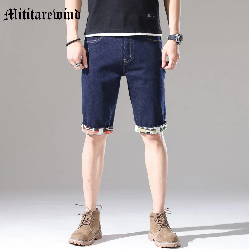 

2023 Summer Dark Blue Men's Knee Length Pants Ins Simple Ruched Male Denim Shorts Versatile Daily Classic Loose Straight Casual