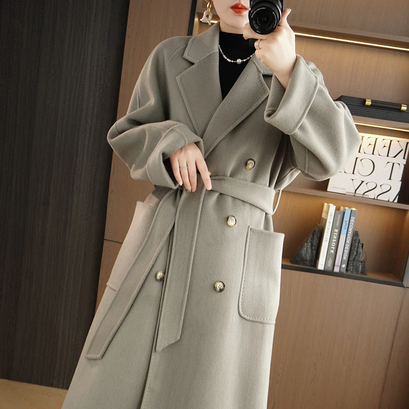 100% Wool Women's coat Button Women Belt Overcoat Casual Office Ladies Long  Coat Autumn Winter Solid Female Streetwear Coats 23