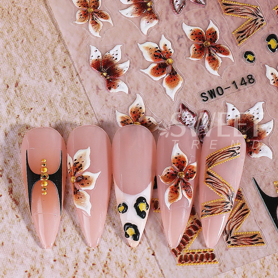 2pcs Embossed Flower Nail Stickers 3D Lily Floral Textured Decals Y2K Gradient Petals DIY Elegant Self-Adhesive Manicure Decor