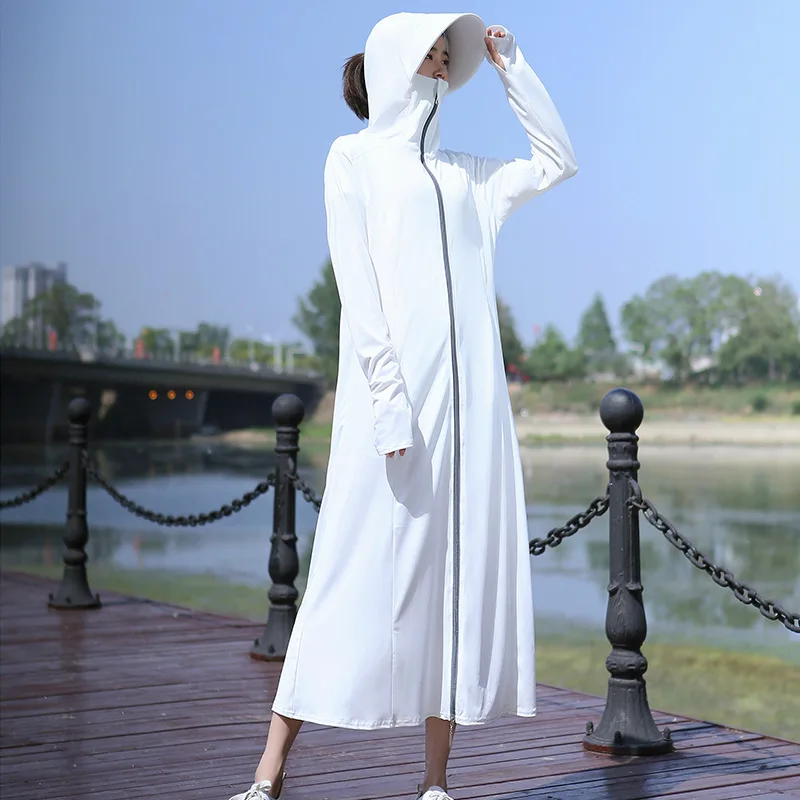 

Summer Sunscreen Coat Women Solid Color Soft Mid-calf Length Thin Long Breathable Anti-UV Outdoor Sun Protection Trench