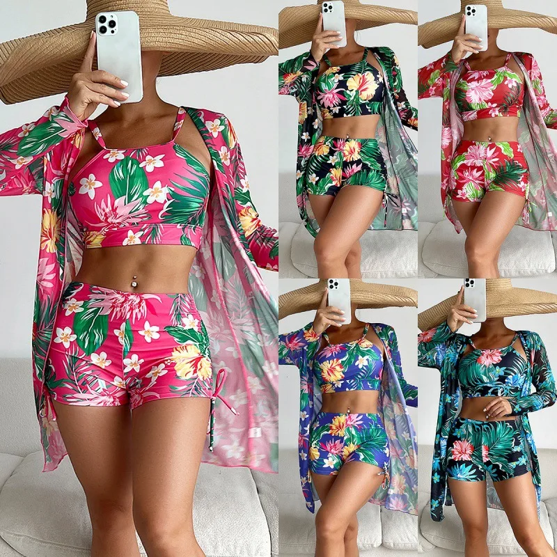Jinrui Swimsuit Women's Split Three-Piece Boxer Shorts Printing Mesh Red Conservative Swimwear