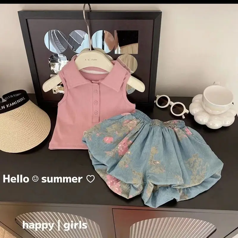 여아용 얇은 데님 꽃 반바지 세트, 한국 폴로 칼라, 단색 탑, 여름 세트, 2 개