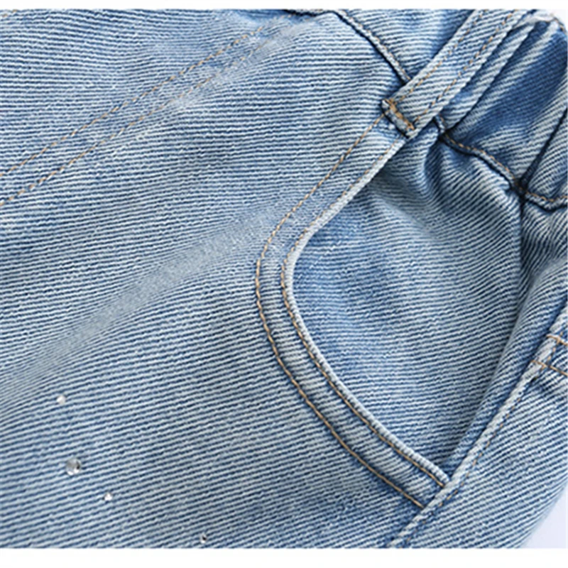 새로운 봄 어린이 세련된 크리스탈 장식 청바지 소녀를위한 패션 곡선 데님 바지 어린이 캐주얼 스트레이트 바지