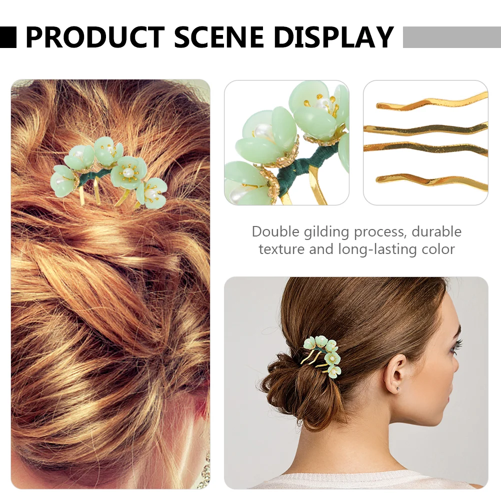 

2 Pcs Hair Jewelry Clips Chinese Headdress Decor Retro Vintage Hair Jewelrys Sticks Floral Fork Natural Jade Bride Accessories