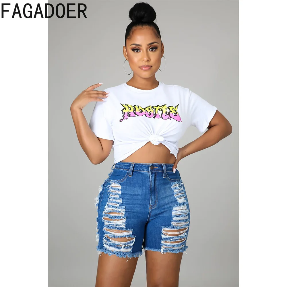 FAGADOER Fashion Denim Hollow Out Skinny Shorts Women High Waist Button Pocket Elasticity Shorts Casual Female Matching Bottoms