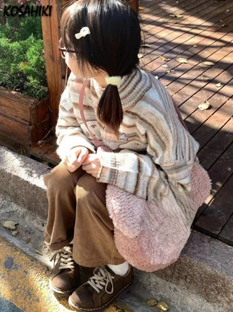 Y2k 미적인 일본 니트 가디건, 귀여운 강아지 자수, 하라주쿠 팜므 스트라이프 프레피, 가을 지퍼