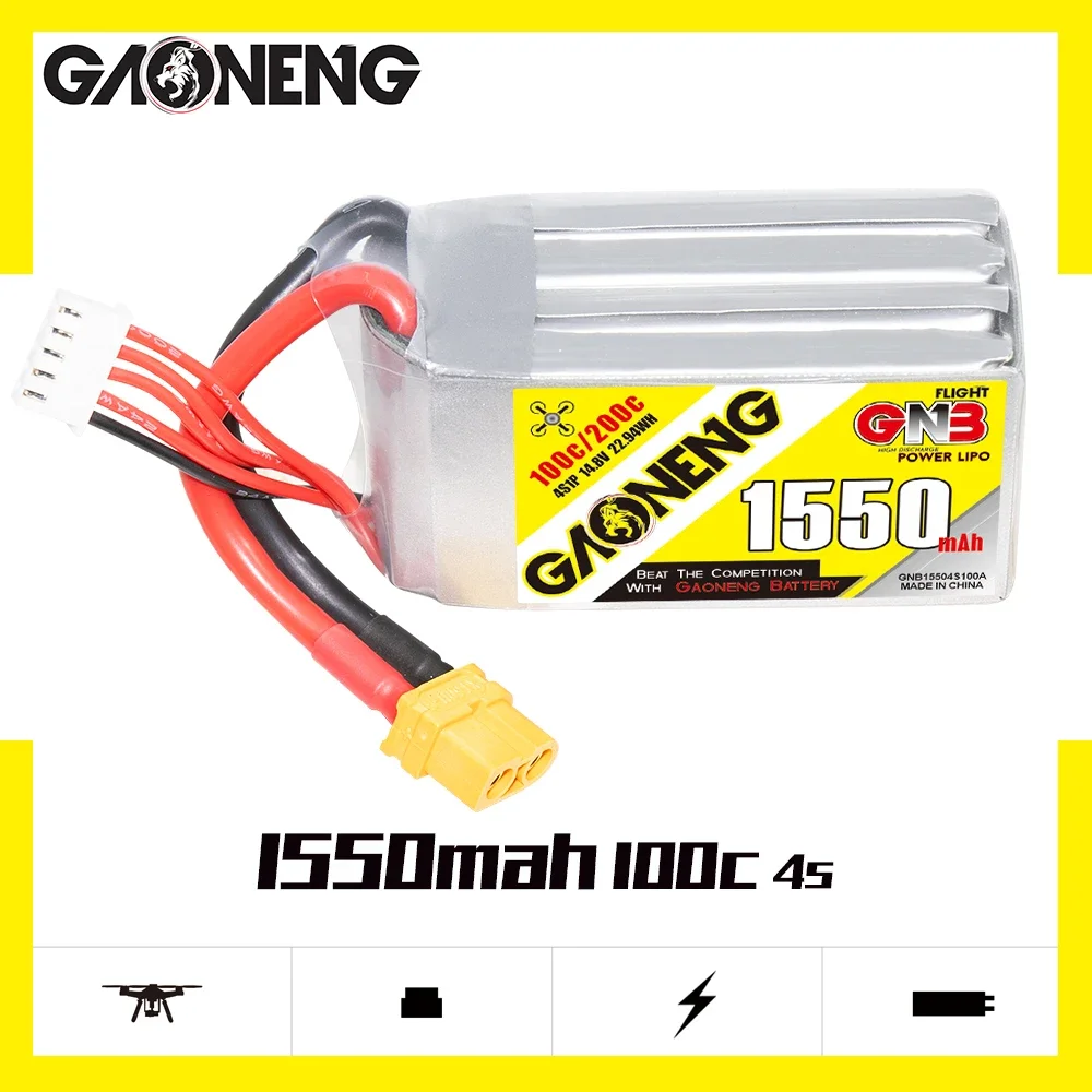 

GAONENG GNB 1550mAh 4S 100C 200C 14.8V XT60 LiPo Battery HeliCopter MultiCopter Freestyle Drone UAV Aerial Model Racing Pilot