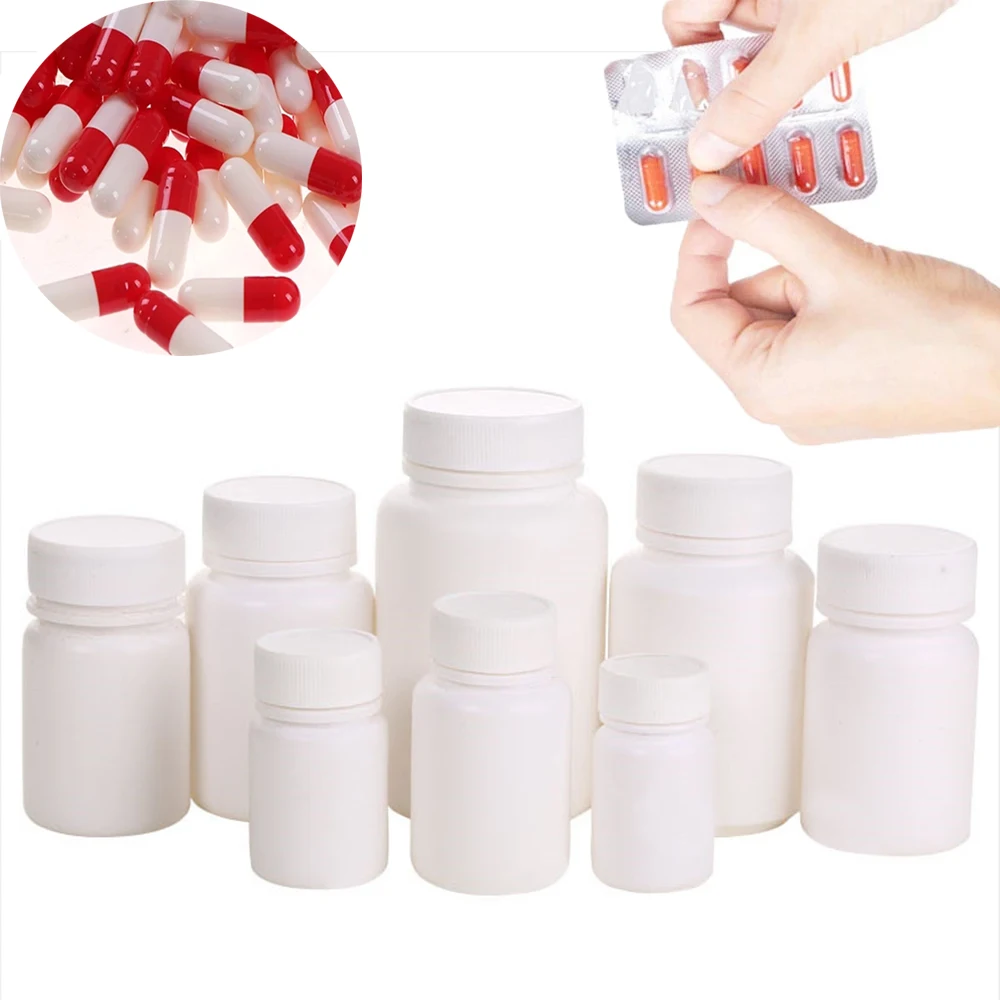 

10pcs 10ml 15ml 20ml 30ml 50ml 60ml 100ml HDPE Solid White Empty Plastic Containers Plastic Medicine Pill Bottles with Cap