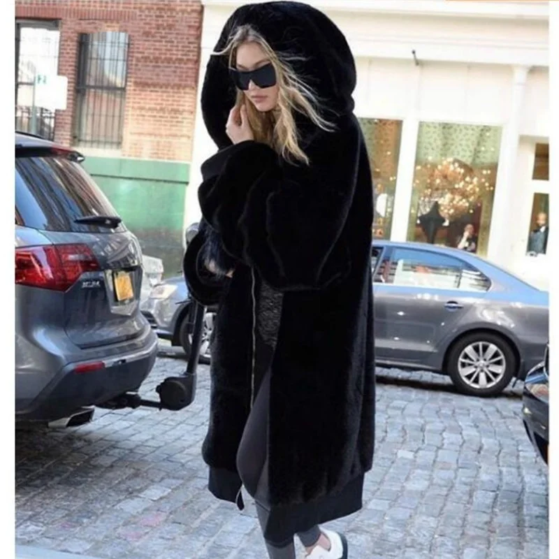 

Casual Faux Fur Women's Jacket Winter Thicken Warm Hooded Fur Coat New Rex Rabbit Fur Long Section Pure Color Faux Fur Coat