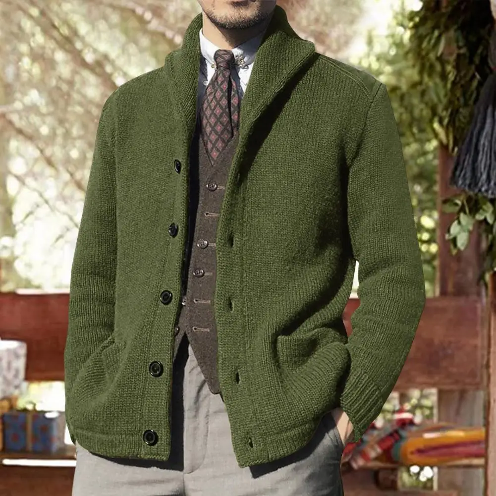 

Trendy Skin-Touch Lapel Men Autumn Winter Solid Color Buttons Placket Knitted Coat for Work Knitted Coat Men Cardigan