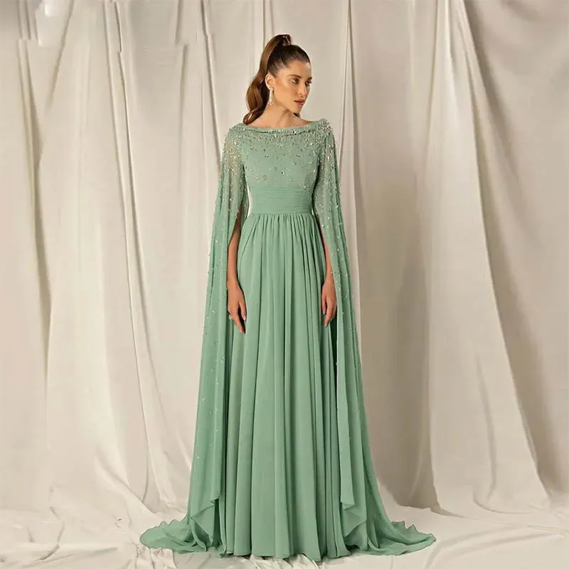 

Graceful Mint Green Chiffon Formal Party Gowns Beading Dubai Prom Gowns Split Long Sleeve Formal Party Dress