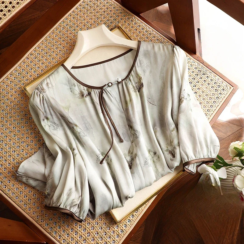 

Chiffon Vintage Women's Shirts Summer Printed Blouses Loose Three Quarter Women Tops O-neck Fashion Clothing YCMYUNYAN