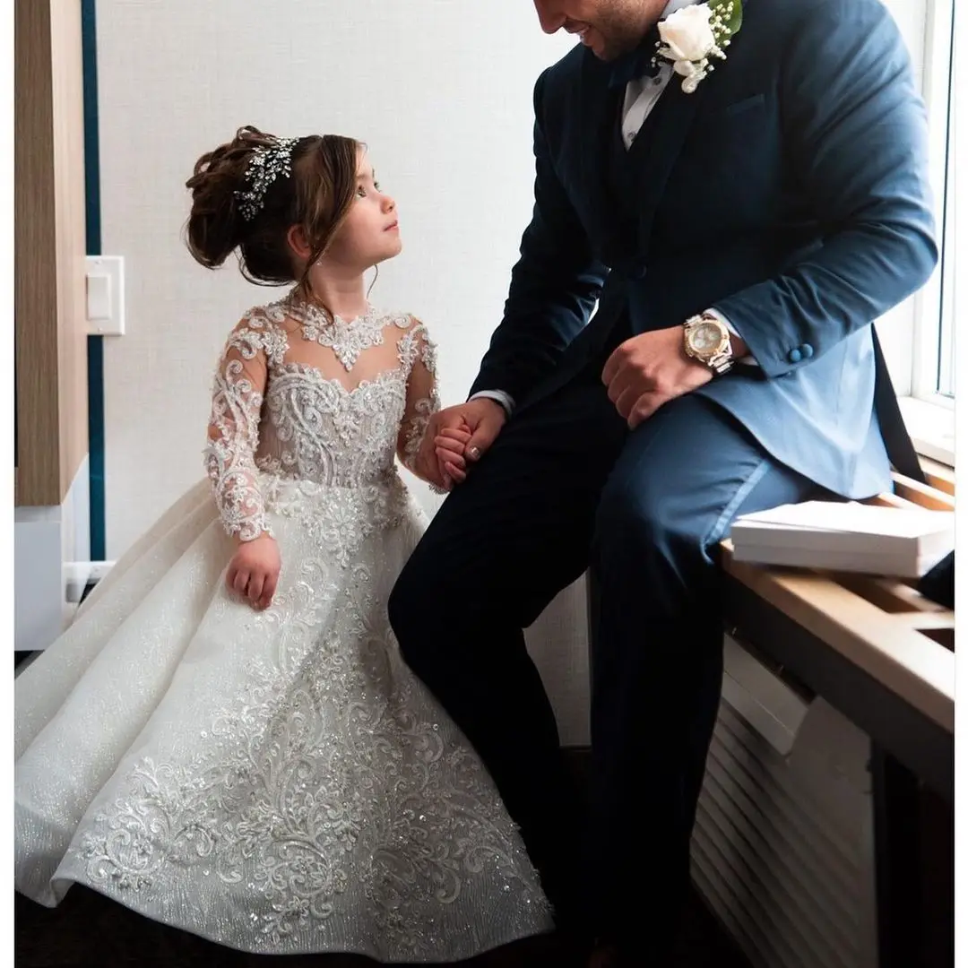 White Flower Girl Dress Glitter Sparkly Maxi Train Lovely Bow Bead Floral Appqulies Princess Holy Fisrst Communion Ball Gown flower girl dresses,floral appliqu&eacute; dress