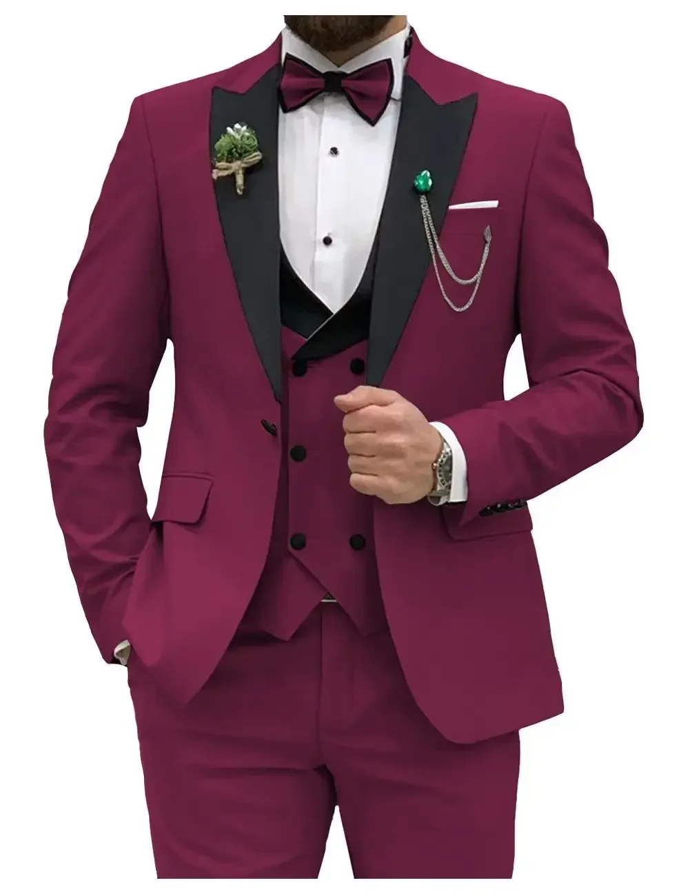 Slim Fit Men Suits Double Groom Formal Business Male Blazer Set Peak Lapel Party Wedding Tuxedo (Jacket+Vest+Pants) 5