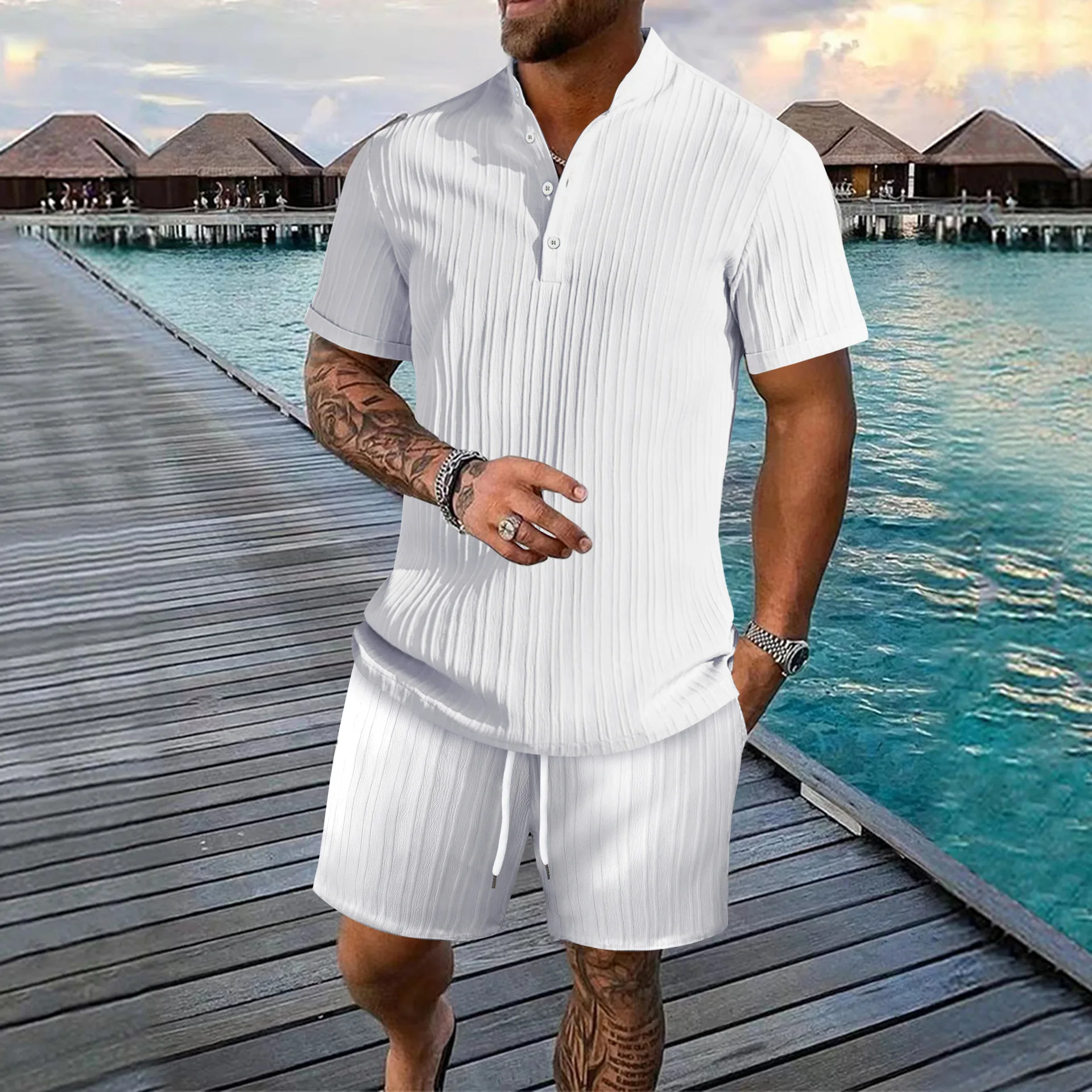 summer Amazon men Europe and the United States cross-border men's shirt casual loose short sleeve shorts beach suit 3