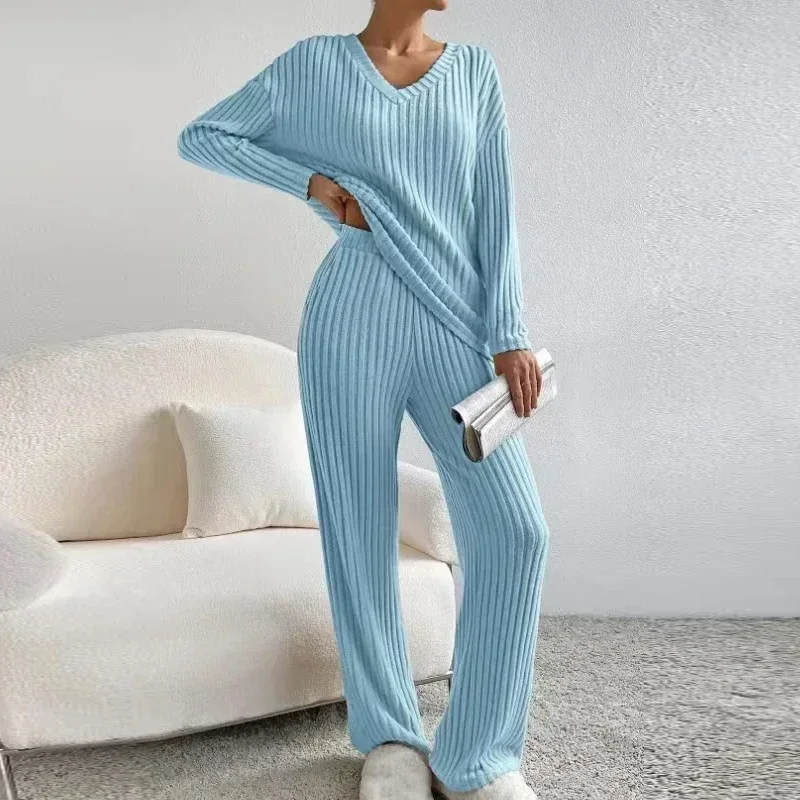 

Autumn V-neck Long Sleeve Blouse and Pants Two Piece Pant Sets Women Casual Outfits Straight Trouser Pit Strip Knit Pants 29772