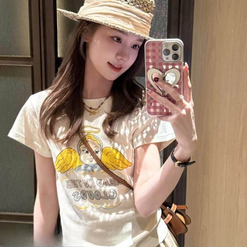 Vintage Angel Baby Graphic Print Head in The Clouds Letter Tee 2026 Summer Women Cotton T Shirt Korean Loose Casual Dark Navy