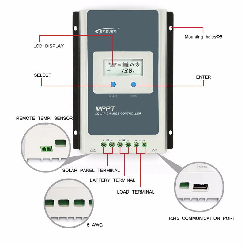 EPEVER Tracer MPPT Solar Charge Controller 40A 30A 20A 10A With LCD Display Solar Regulator 12V 24V Battery Auto High Efficiency solar battery charge controller