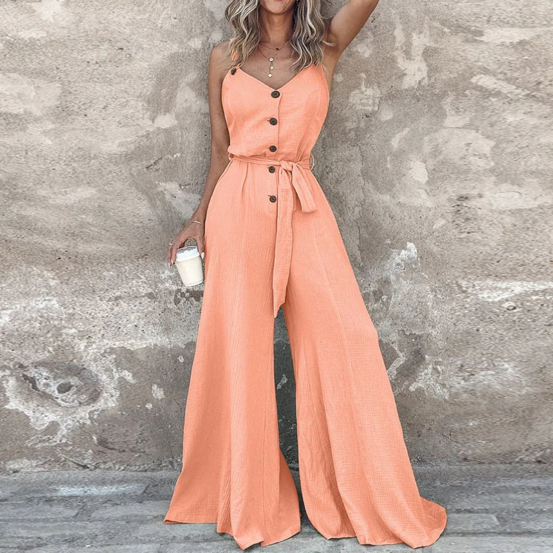 

2024 Button Lace-up Pleated Overall Rompers Summer Sleeveless Tank Overalls Elegant Solid V Neck Wide-leg Pants Jumpsuit Women
