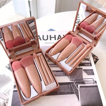 Mini 5-Piece Portable Makeup Brush Set With Mirror - Makeup Brush Travel Set, Eyeshadow Brush Tool 1