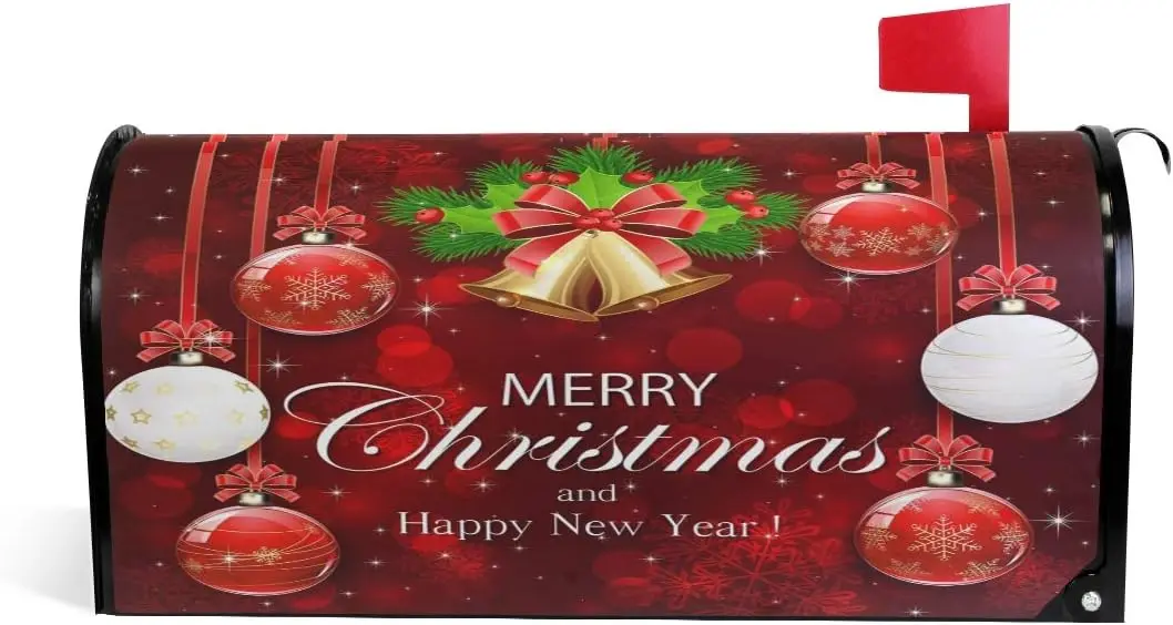 

Christmas Happy New Year Magnetic Mailbox Cover with Christmas Bells and Holly Berries Red MailWraps Garden Yard Home Decor