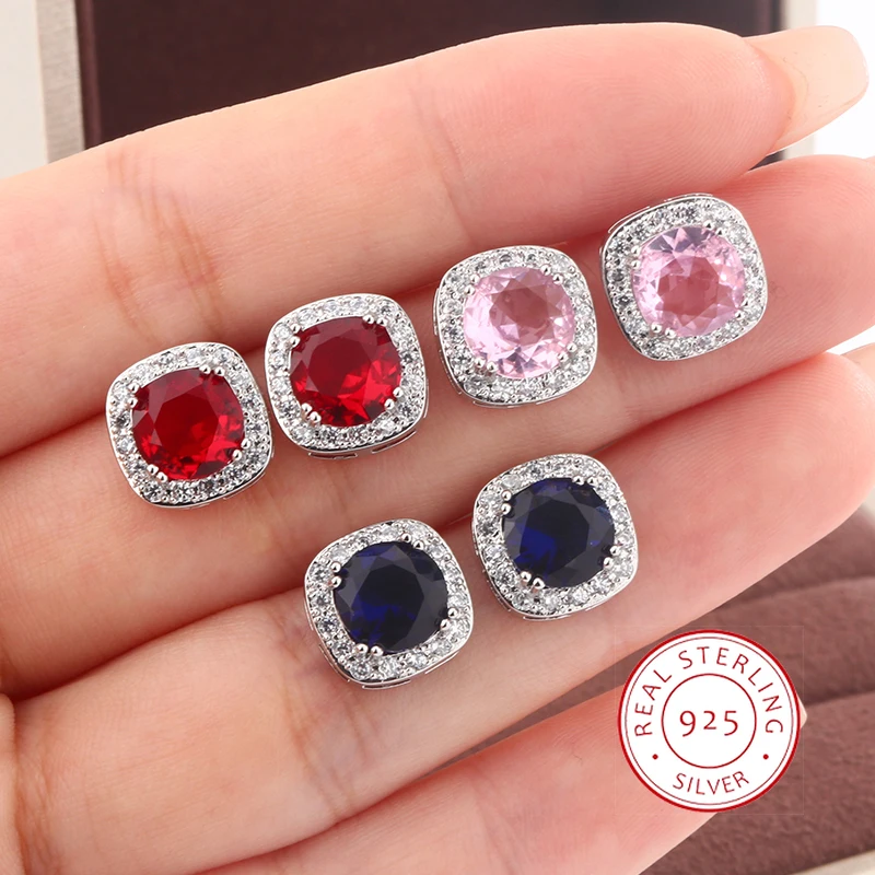 

Geometric Blue Red Stud Earrings for Women Everyday Wear Elegant Accessories Anniversary Gift Fashion 925 Silver Jewelry