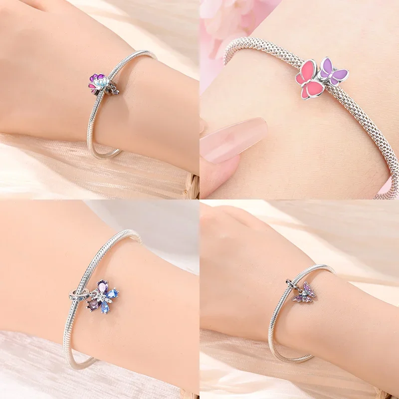 Elegant Blue Dragonfly and Butterfly Charm Bracelet in Original 925 Silver