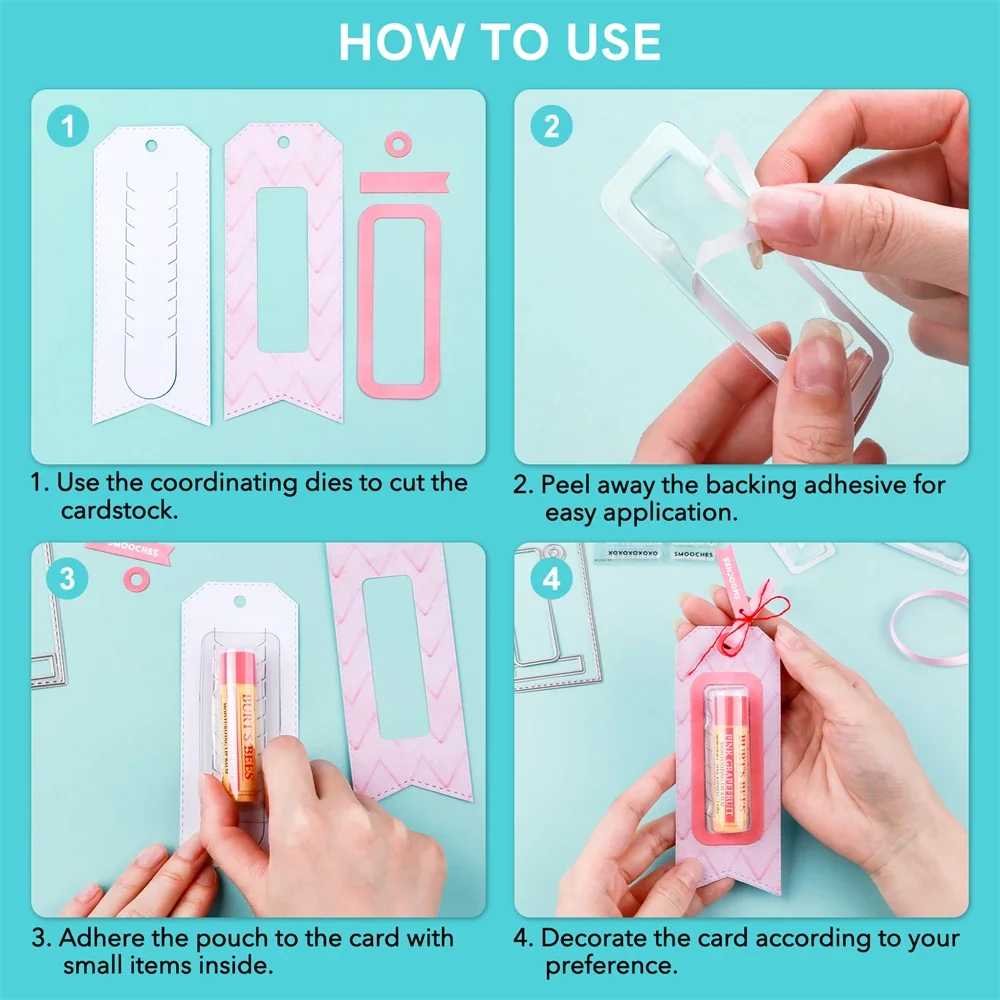 플라스틱 투명 직사각형 돔, 커팅  호환, 자가 접착 립밤 파우치, DIY 공예 선물 카드용 돈 지갑