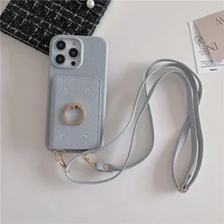 Elegant Crossbody Lanyard Leather Phone Case with Card Holder and Shockproof Design - iPhone 13 Pro Max (Blue)