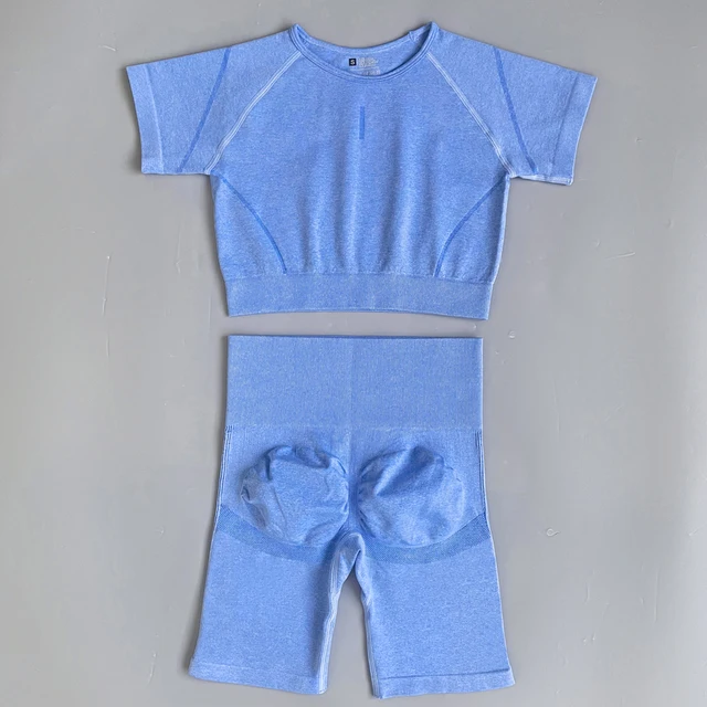 2PCS Seamless Yoga Set Women Tracksuit High Waist Leggings Workout Sportswear Gym Clothing Fitness Crop Top Sports Suits Gym Set 2Pcs Blue