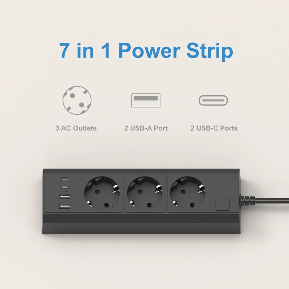 Power Strip 7 IN 1 2500W EU Plug 1.5M Extension Cord Socket Extender With 3AC Outlets 4USB 17W Fast Charging 7 Safety System
