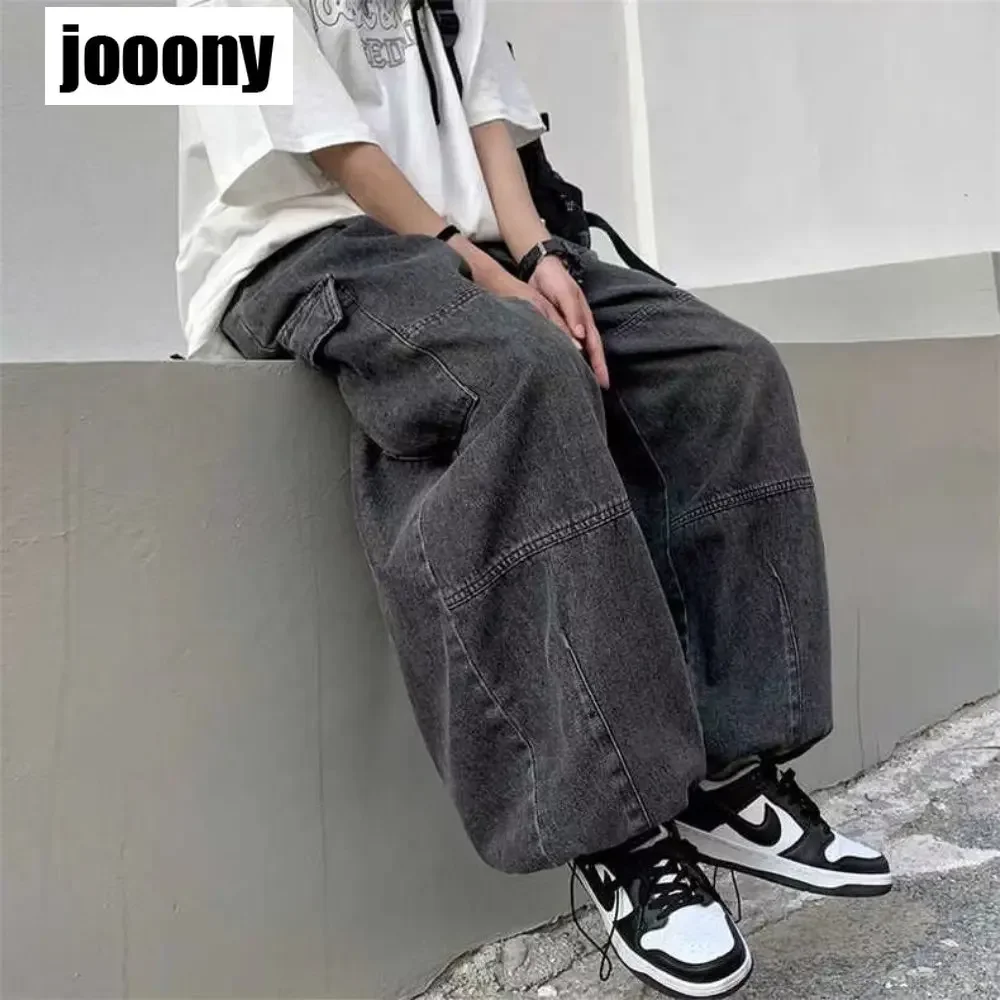 Men Jeans Spring Autumn Wide Leg Elastic Waist Pockets