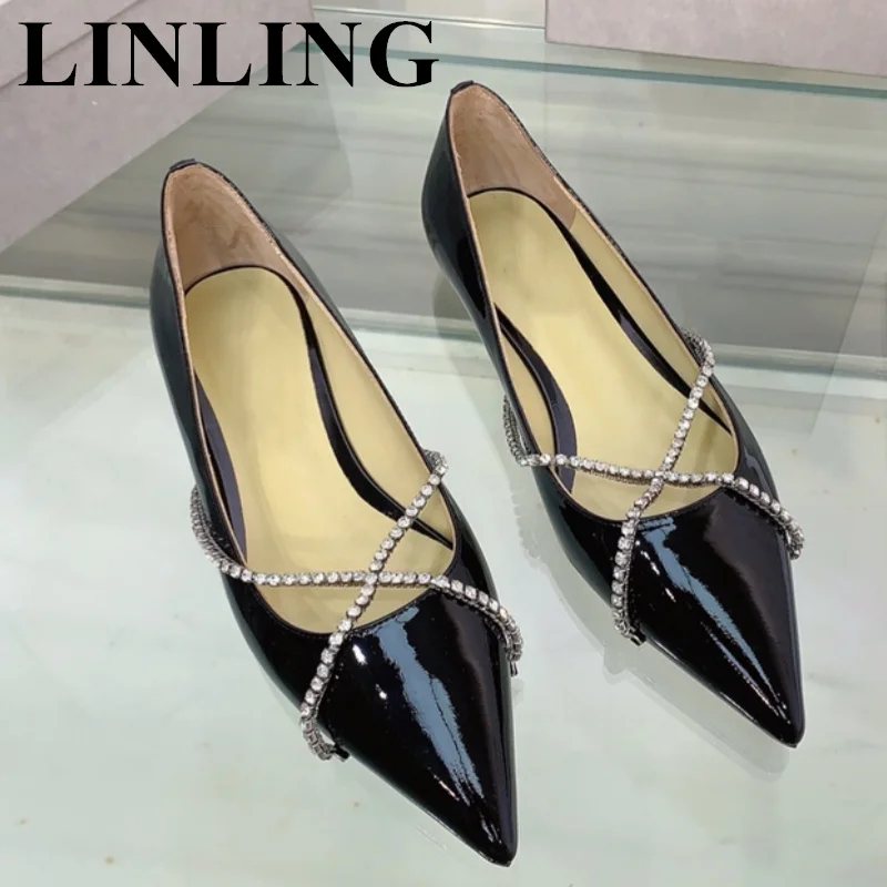 

Fashion Crystal Chain Cross-tied Women Shoes Pointed Toe Shallow Flat Shoes for Women Slip On Wedding Shoes Female Casual Shoes