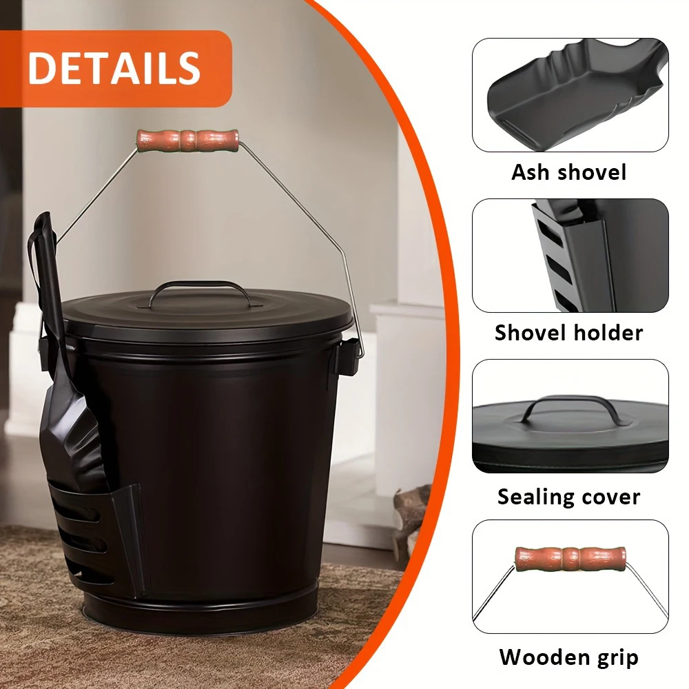 5.15 Gallons/19.5L Large Capacity Galvanized Metal Ash Bucket with Lid Shovel Fire Pit Fireplace Tool Winter Warm Supplies Set