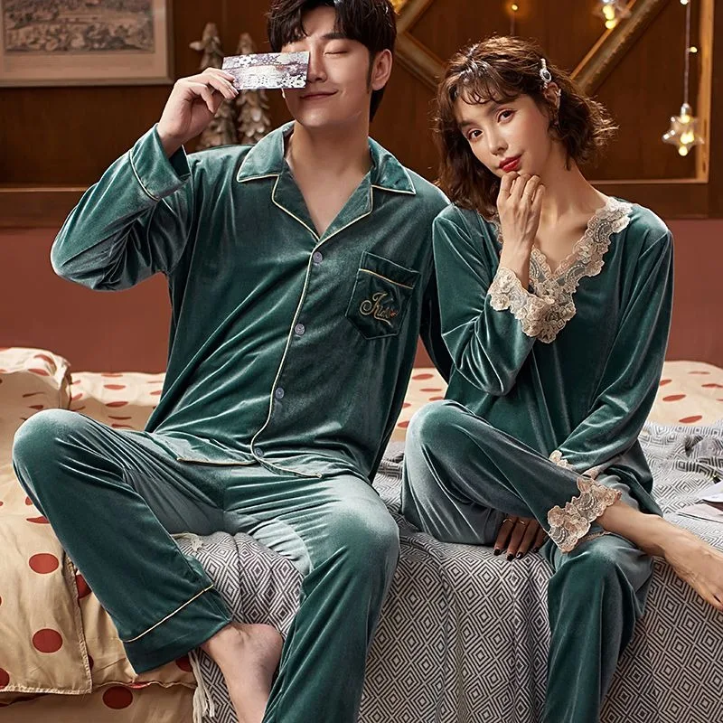 2024 New Gold Velvet Couple Pajamas Women's Spring Autumn Winter Coral Fleece Long Sleeves Large Size Men's Loungewear Set