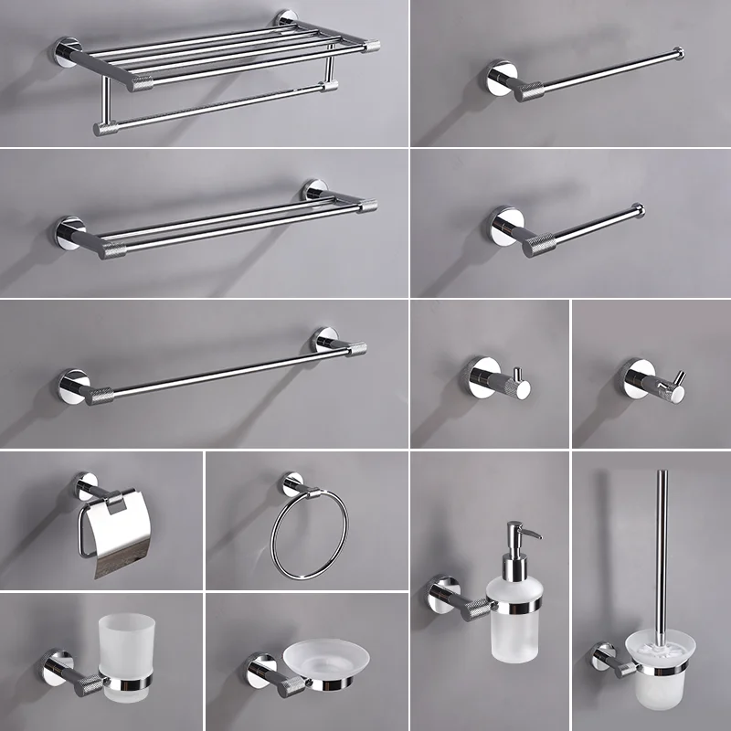 Chrome 304Stainless Steel Knurling Wall Mount Shelf Toilet Paper Holder Towel Bar Rack Robe Hook Hanger Bathroom Accessories