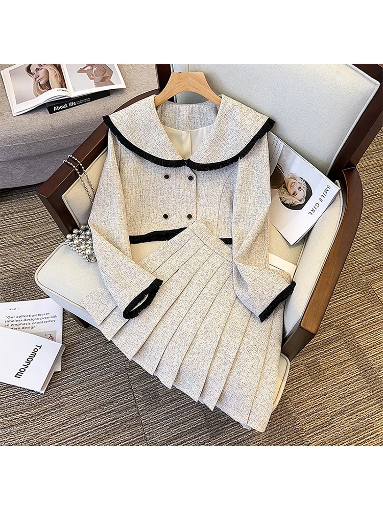 

2023 Spring New Fashion Elegant Short Lapels Long Sleeve Shirts Blouses +Pleated Skirts For Women Two-piece Femme Clothing