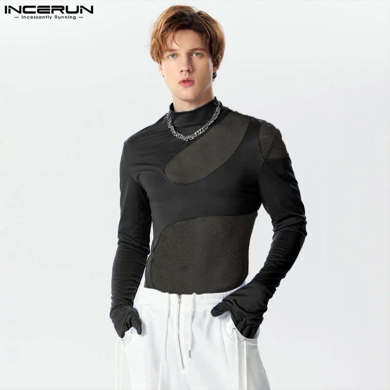 INCERUN 2024 Sexy Mens Homewear Hollow Patchwork Mesh Half High Neck Jumpsuits Male Thin Long Sleeved Triangular Bodysuits S-3XL