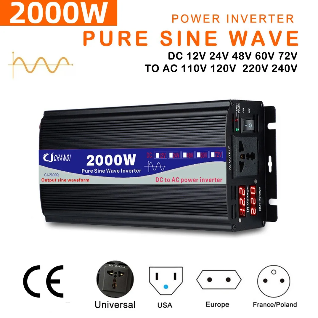 800W 1000W 2000W Pure Sine Wave Inverter Car Inverters Transformer Power 12V 24V 48V 60V 72V to AC 110V 220V Solar Converter 1