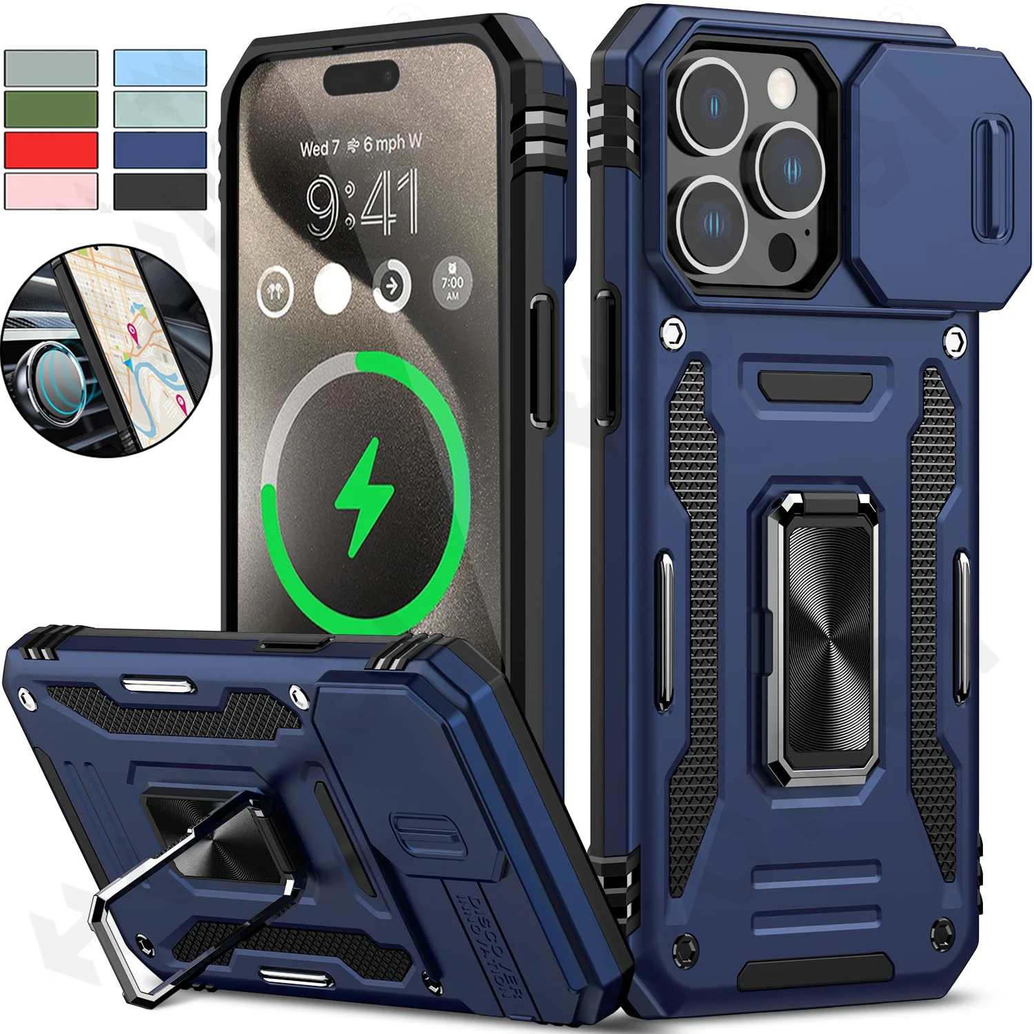 Custodia Per Iphone 15 14 13 12 11 Pro Xs Max Plus Xr 8 7 Plus Se 2022 2020 Ring Stand Armor Anti-Caduta Slide Camera Kickstand Cover