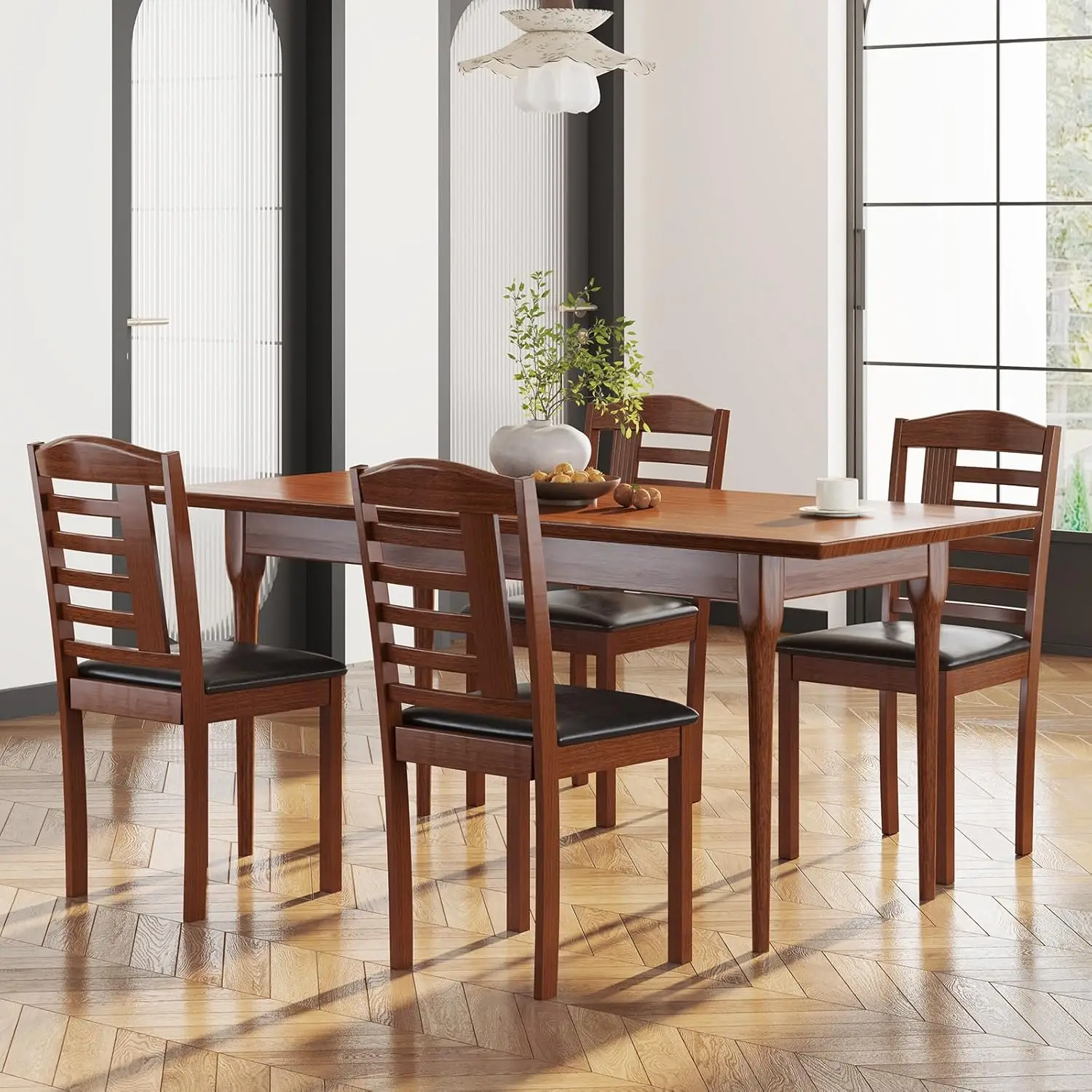Wooden Dining Chairs Set of 4, Upholstered Kitchen Side Chairs with Faux Leather Padded Seat & Rubber Wood Frame