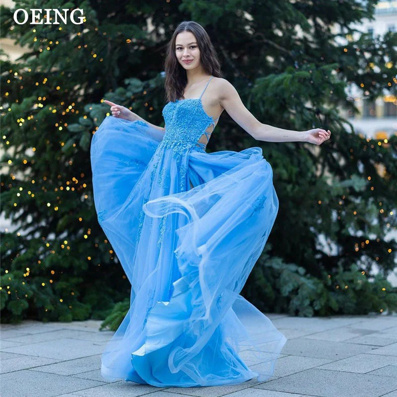 

OEING Blue Fairy Prom Dresses Elegant Princess Appliques Lace Up Back Evening Gowns Sexy Spaghetti Strap Wedding Party Dress