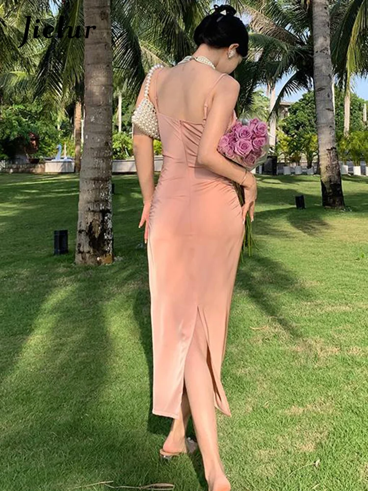 

Jielur летнее французское нежное платье женское сексуальное приталенное однотонное платье с открытой спиной женское розовое платье