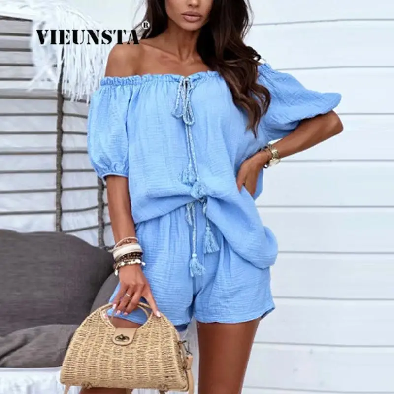 

2023 Summer Women Off Shoulder Tie-Up Blouse Shorts Beach Suits Sexy Slash Neck Loose Shorts Outfit Ladies Elegant Two Piece Set