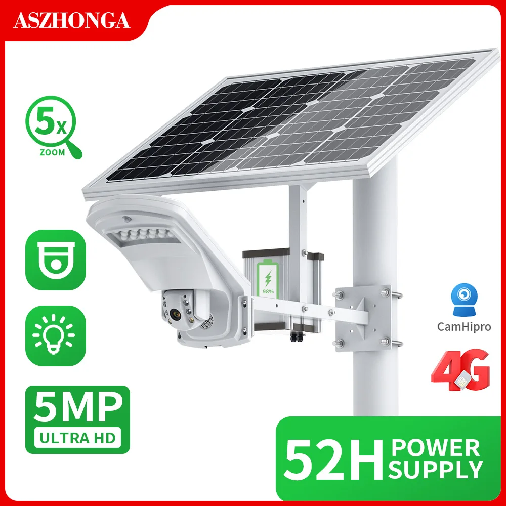 

ASZHONGA 5MP 4G SIM Card Security Floodlight IP Camera Wireless Outdoor PTZ CCTV Cam with 40W 20A Battery Solar Panel CamHi