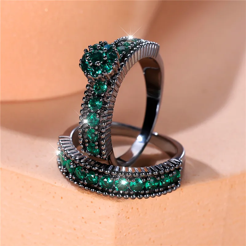 Luxury Female Green Round Ring Set Trendy Black Gold Color Engagement Bride Wedding Jewelry Gift For Women