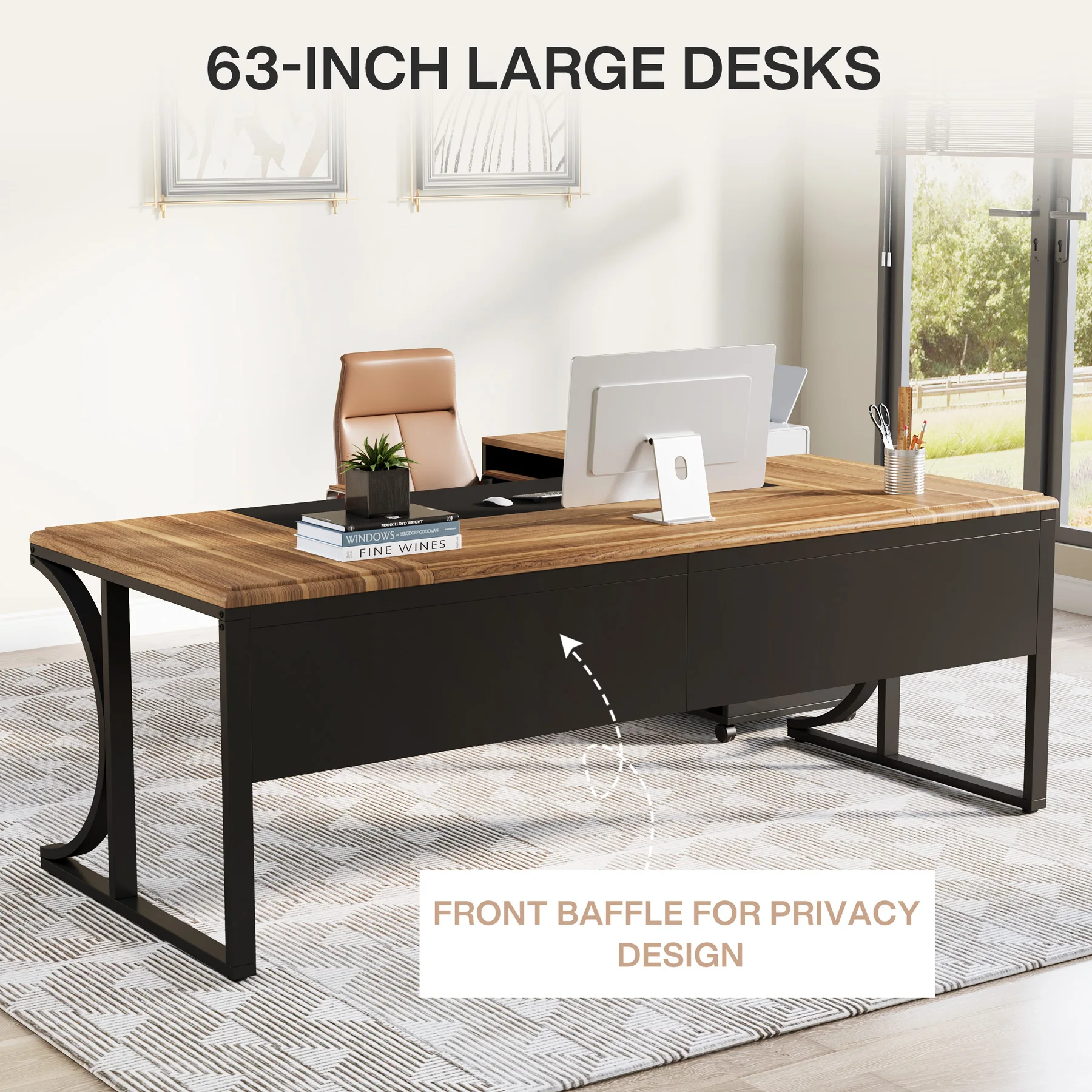 Tribesigns L Shaped Executive Desk and 2 Drawer Led Light File Cabinet Combo, 63 inch Computer Desk Writing Table Furniture Set