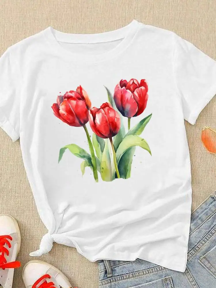 

Watercolor Flower Style Cute Printed Fashion Casual Tee Clothing Printing T-Shirt Women Lady Tshirts Short Sleeve Graphic T Top