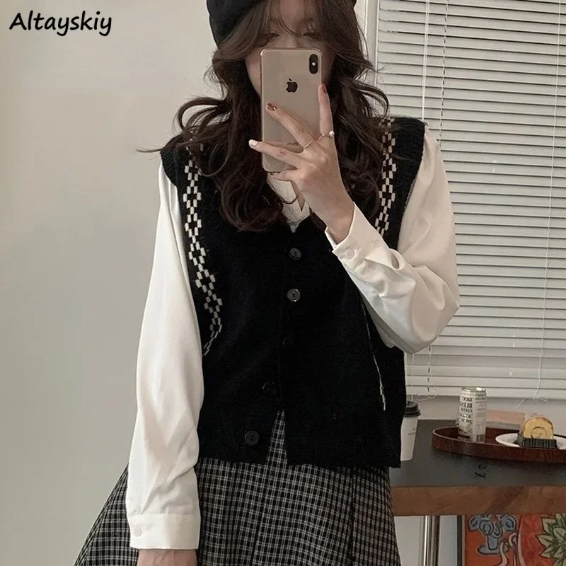 

Sweater Vest Women Retro Design Panelled Single Breasted Knitted Vests Loose All-match Preppy Style V-neck Sleeveless Sweaters