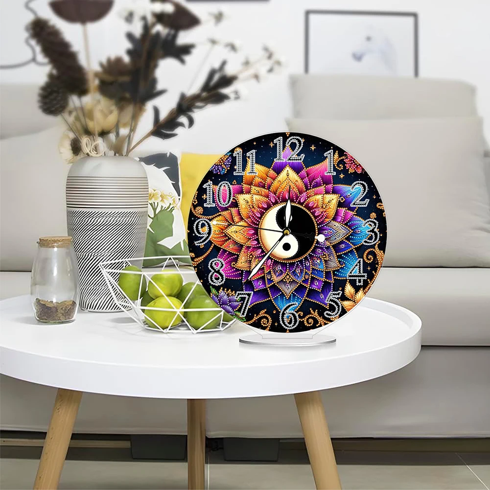 Yin Yang Lotus 2D Flat Acrylic DIY Diamond Painting Clock Kit Diamond Art Clock